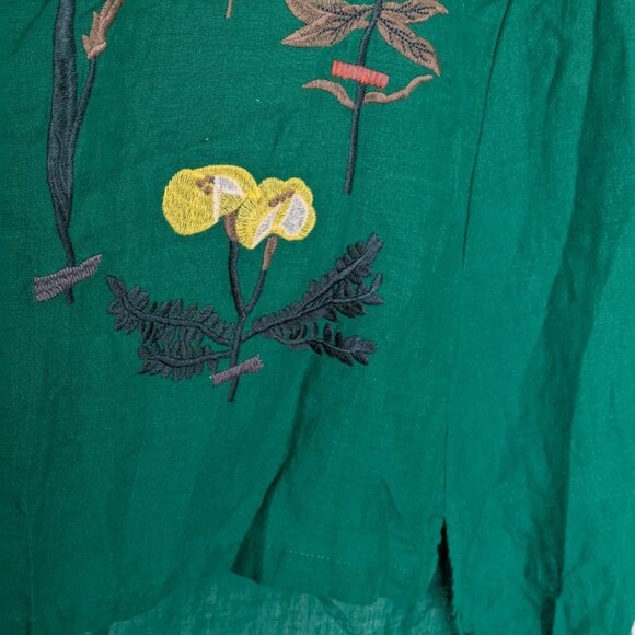 Emerald Green Linen Embroidered Dress Medium - Picture 3 of 4